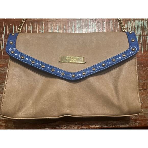 Kate Landry Tan Shoulder Bag Purse With Blue And Gold Accents Cheetah Lining - Picture 2 of 10